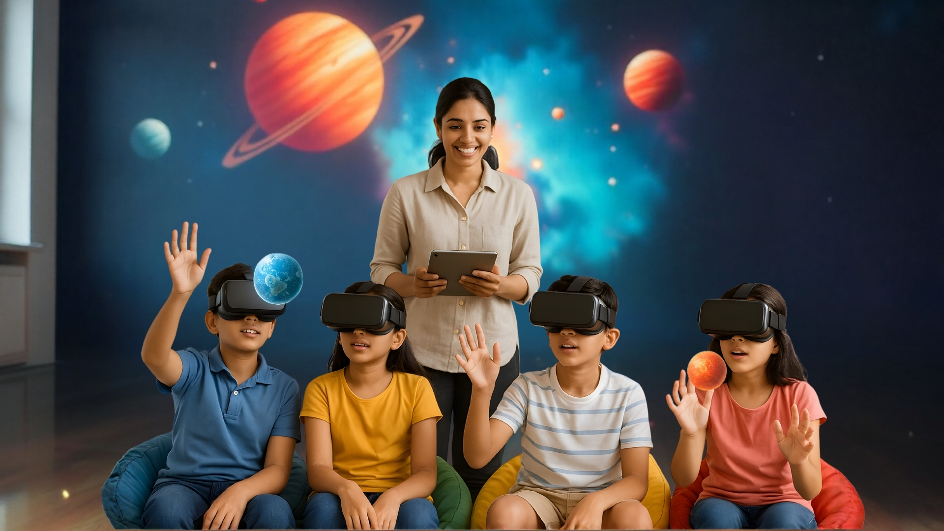 Students learning the solar system with fotonVR headsets